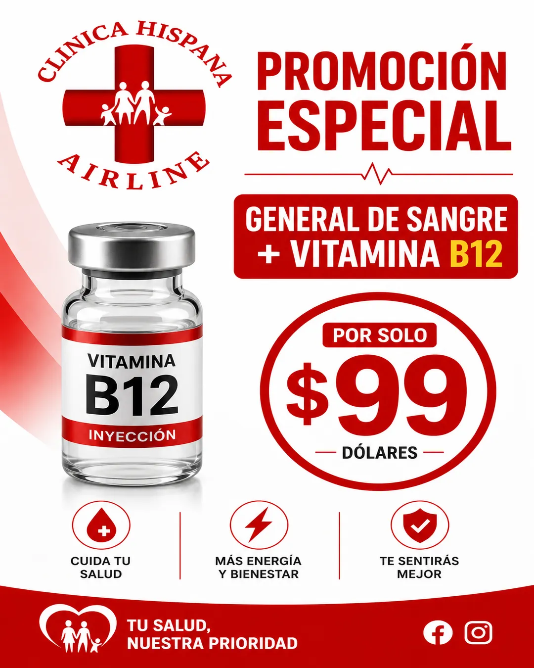 General blood test plus Vitamin B12 injection promotion for $99 at Clínica Hispana Airline Houston