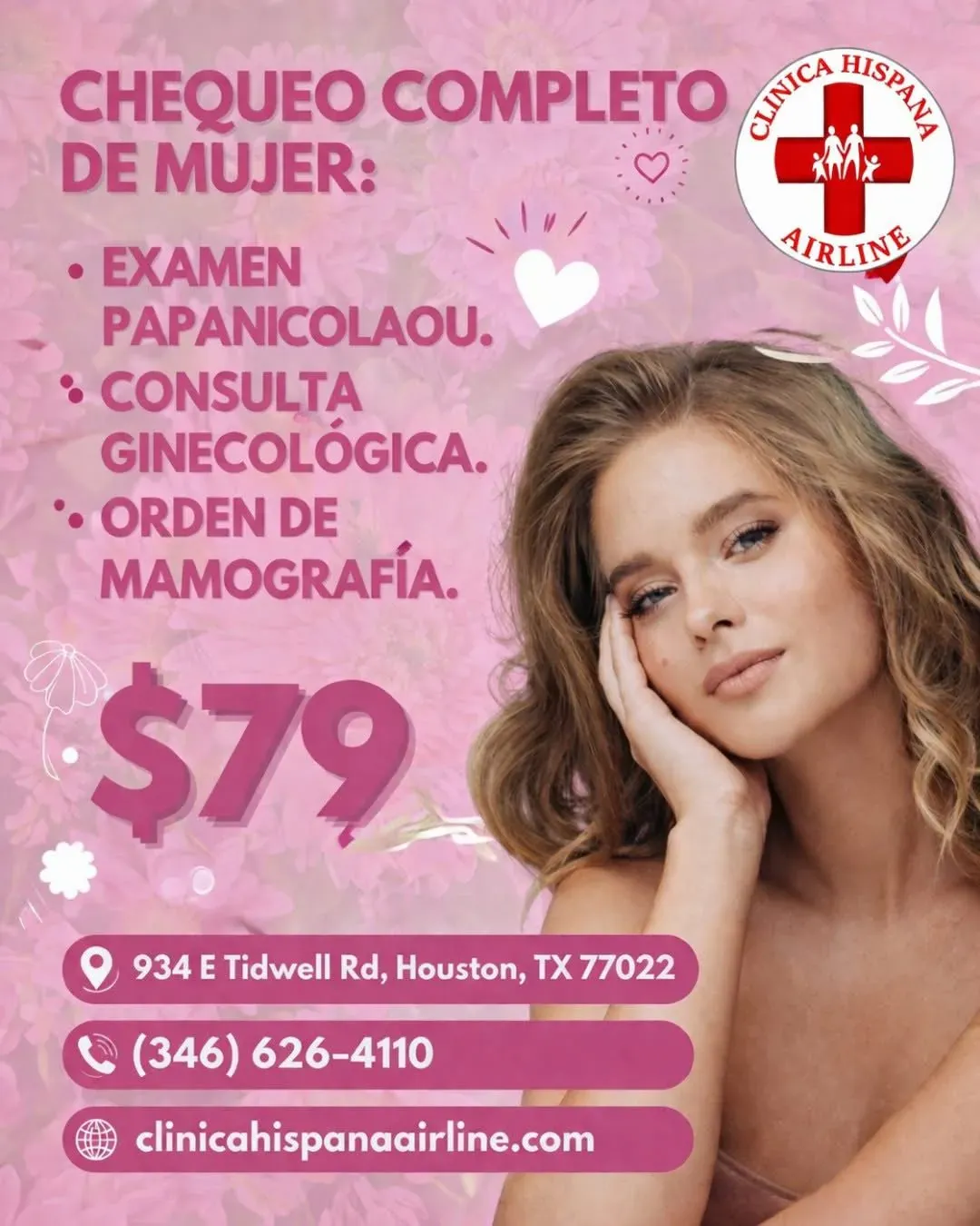 Promoción de chequeo completo de mujer por $79 con Papanicolaou, consulta ginecológica y orden de mamografía en Clínica Hispana Airline Houston