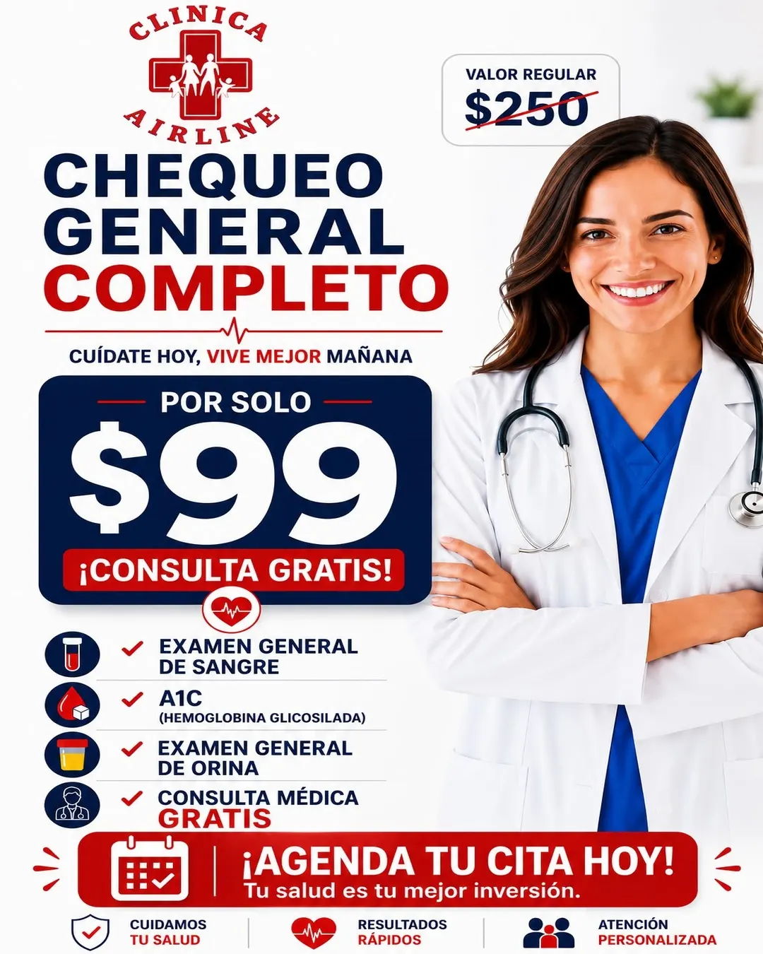 Promoción de chequeo general completo por $99 con examen de sangre, A1C, examen de orina y consulta médica gratis en Clínica Hispana Airline Houston