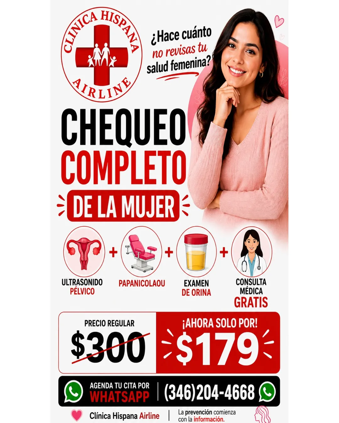 Promoción de chequeo completo de la mujer por $179 con ultrasonido pélvico, Papanicolaou, examen de orina y consulta médica gratis en Clínica Hispana Airline Houston