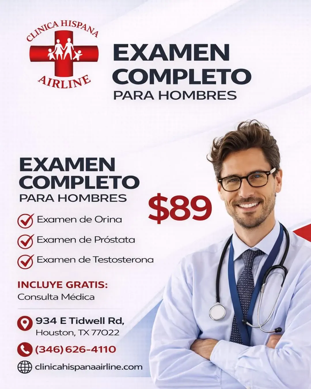 Promoción de examen completo para hombres por $89 con orina, próstata y testosterona en Clínica Hispana Airline Houston