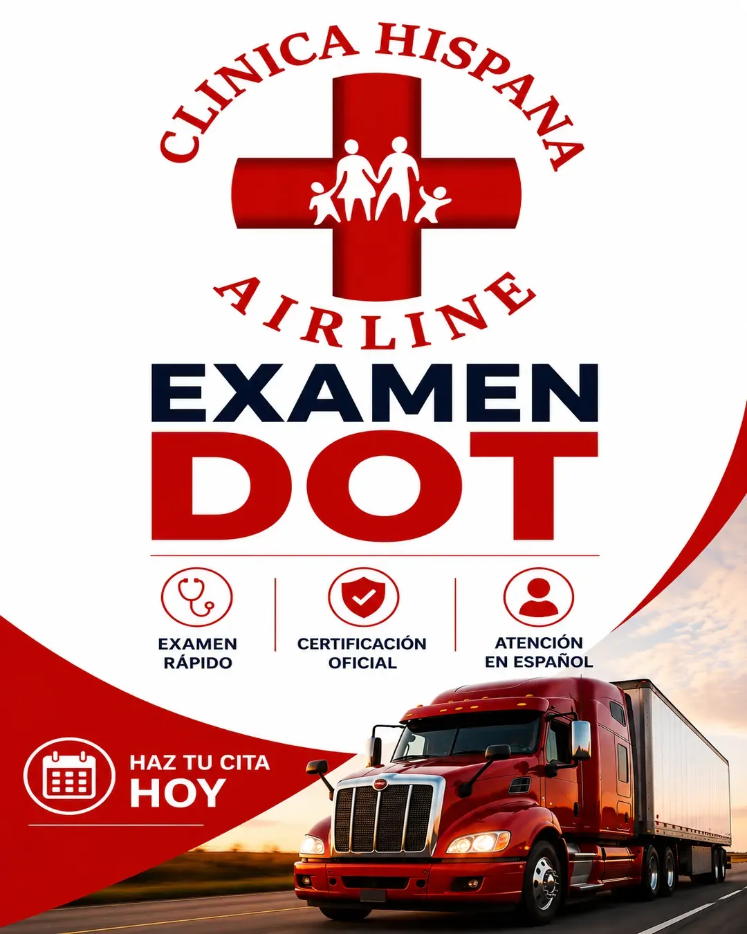 Promoción de examen médico DOT para conductores comerciales con certificación oficial en Clínica Hispana Airline Houston