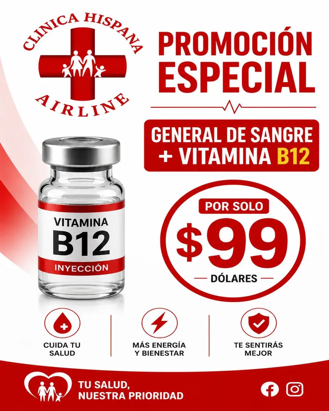 Promoción de examen general de sangre más inyección de Vitamina B12 por $99 en Clínica Hispana Airline Houston