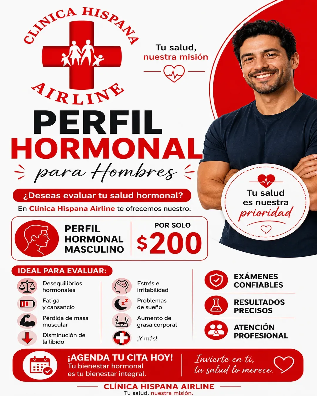 Promoción de perfil hormonal masculino por $200 en Clínica Hispana Airline Houston