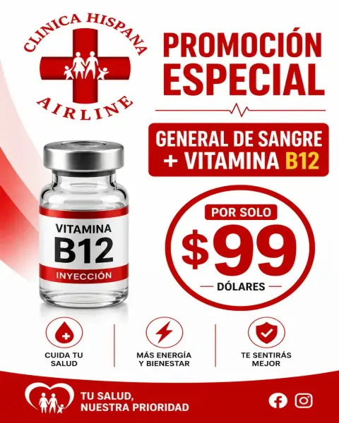 Promoción de examen general de sangre más inyección de Vitamina B12 por $99 en Clínica Hispana Airline Houston